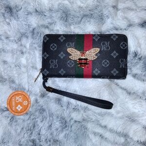 Elegant Black And Gray Wallet with Bee and Red And Green Stripes